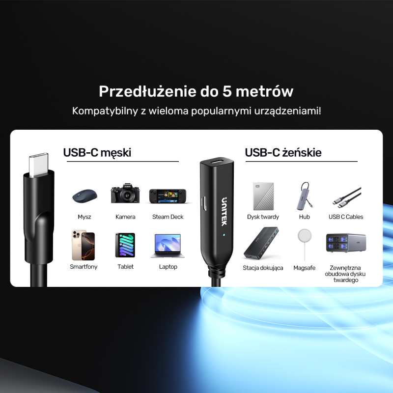 Unitek Kabel przedłużający USB-C 10 Gbps 5m, czarny | PartsPC.pl