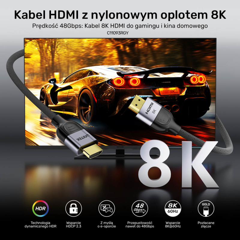Unitek przewód 8K LUX HDMI 2.1 oplot 8 M | PartsPC.pl
