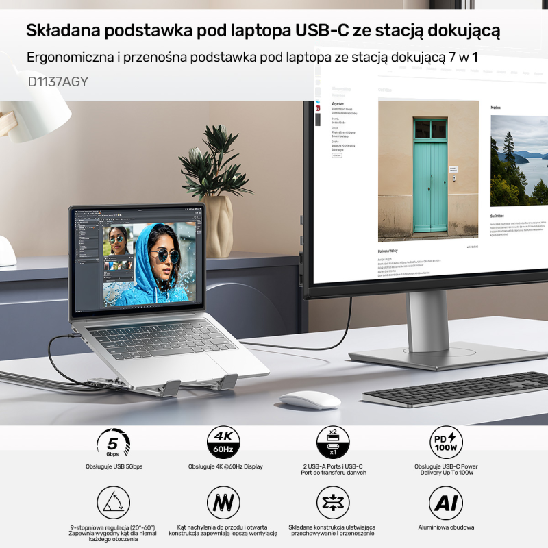 Unitek Podstawka regulowana pod laptop z hubem/HDMI/PD/SD | PartsPC.pl