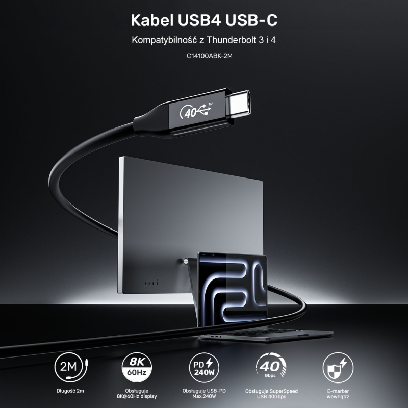 Unitek przewód USB-C 4.0 PD 100W 40 Gbps 8K 2 m | PartsPC.pl