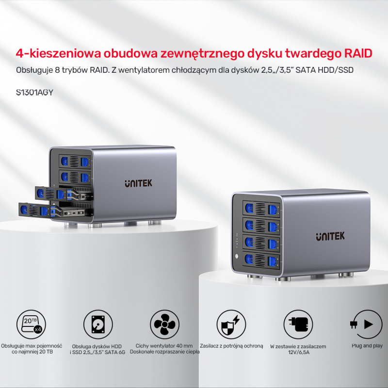 4-dyskowa obudowa RAID  0/1/5/10 / JBOD/ PM Unitek | PartsPC.pl