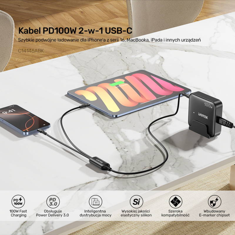 Unitek Kabel 2w1 USB-C PD 100W silikonowy 1,8 m | PartsPC.pl