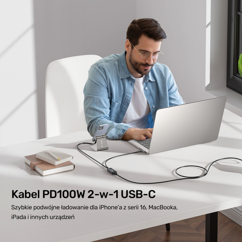 Unitek Kabel 2w1 USB-C PD 100W silikonowy 1,8 m | PartsPC.pl