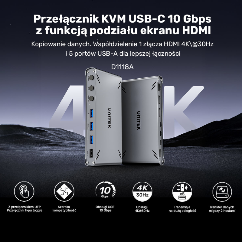 Unitek Przełącznik KVM USB-C 10Gbps z HDMI i transferem... | PartsPC.pl