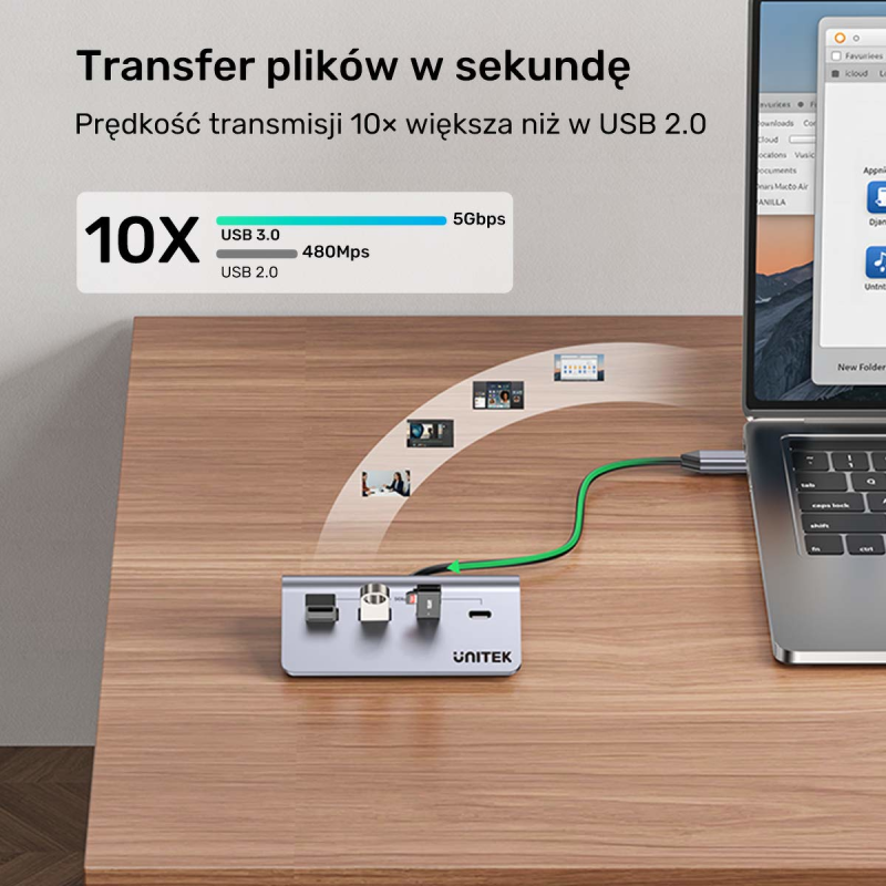 Unitek Hub alumininiowy USB-A/USB-C z 4 portami 5Gbps | PartsPC.pl