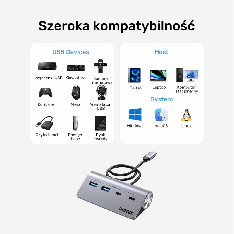 Unitek Hub alumininiowy USB-A/USB-C z 4 portami 5Gbps | PartsPC.pl