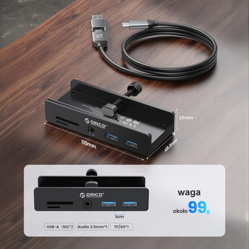 Orico Hub USB-C 5Gbps aktywny, przykręcany, 2x USB-A... | PartsPC.pl