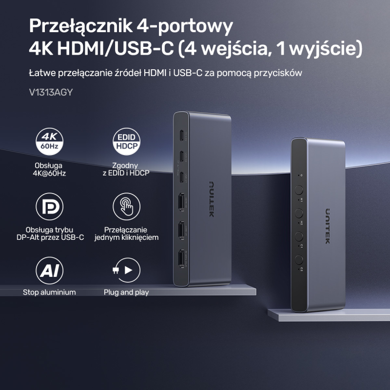 Unitek Przełącznik 4K HDMI/USB-C 4 in 1 out | PartsPC.pl