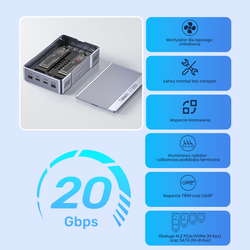 Unitek Obudowa RAID 2xM.2 NVMe/SATA 20Gbps z klonowaniem... | PartsPC.pl