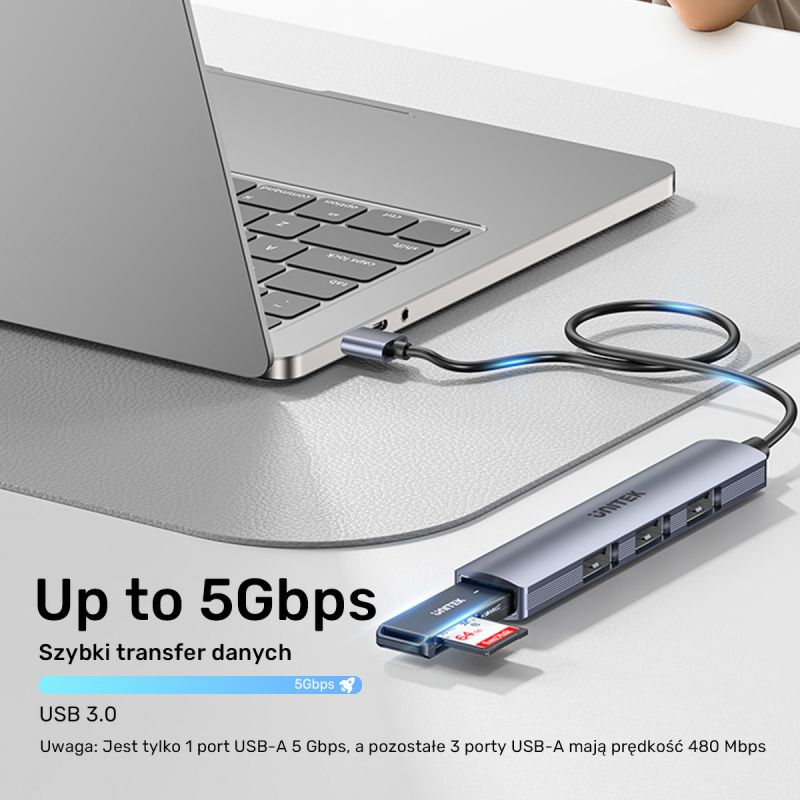 Unitek Kompaktowy hub USB-A 4 w 1 1x 5 Gbps 3x 480 Mbps