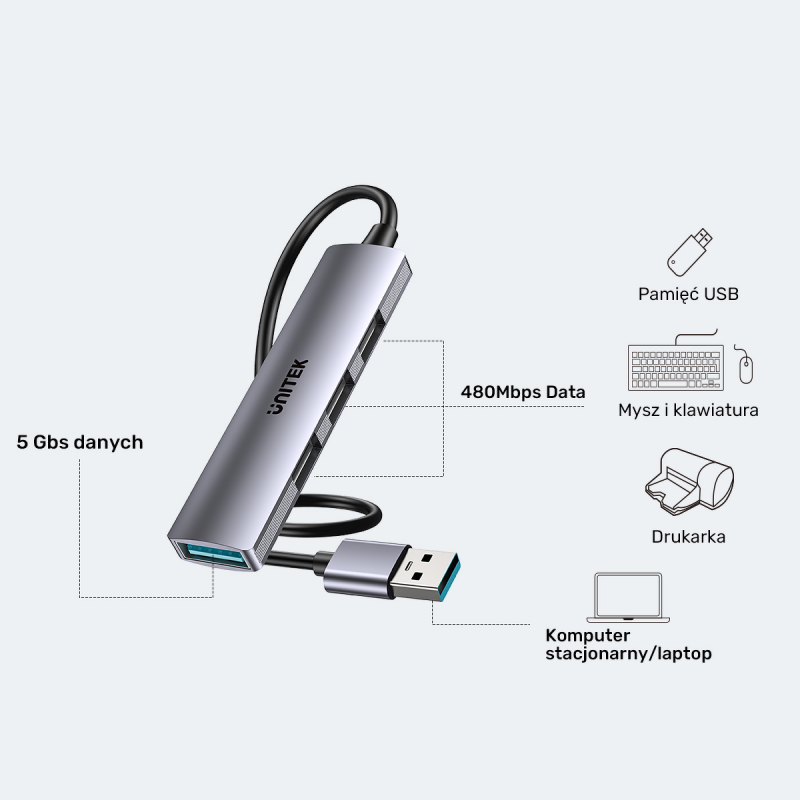 Unitek Kompaktowy hub USB-A 4 w 1 1x 5 Gbps 3x 480 Mbps