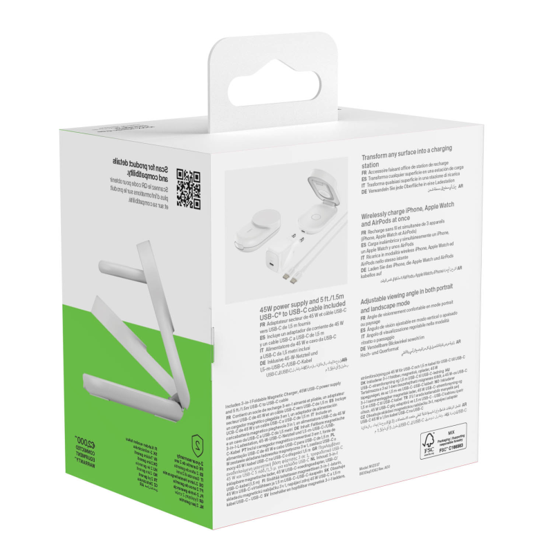 Belkin Ładowarka magnetyczna Qi2 25W, 3w1, składana, zasilacz 45W, biała
