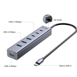 Unitek Aktywny Hub USB-C  3x USB-C 10Gbps  4x USB-A 5 Gbps z zasilaczem