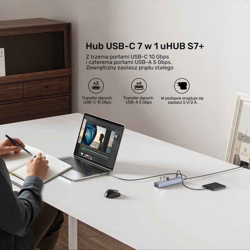 Unitek Aktywny Hub USB-C  3x USB-C 10Gbps  4x USB-A 5 Gbps z zasilaczem