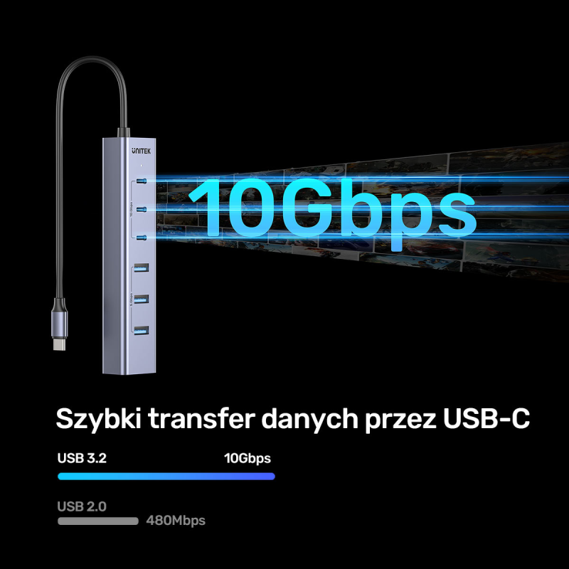 Unitek Aktywny Hub USB-C  3x USB-C 10Gbps  4x USB-A 5 Gbps z zasilaczem