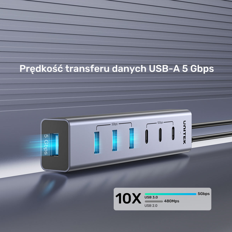 Unitek Aktywny Hub USB-C  3x USB-C 10Gbps  4x USB-A 5 Gbps z zasilaczem
