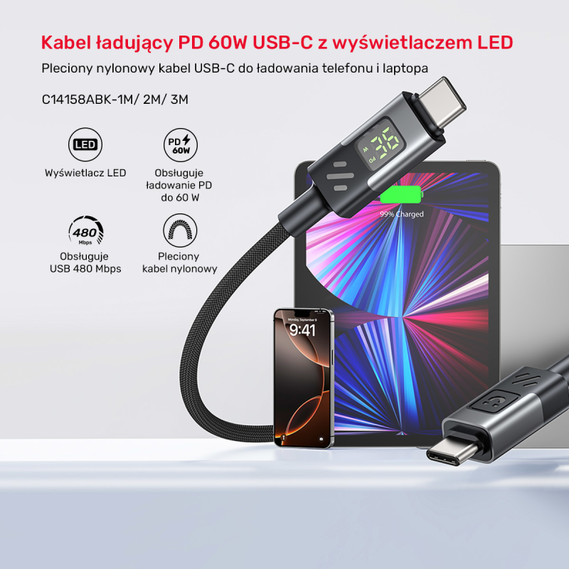 Unitek Przewód USB-C PD 60W 480Mbps z wyświetlaczem 2m z... | PartsPC.pl