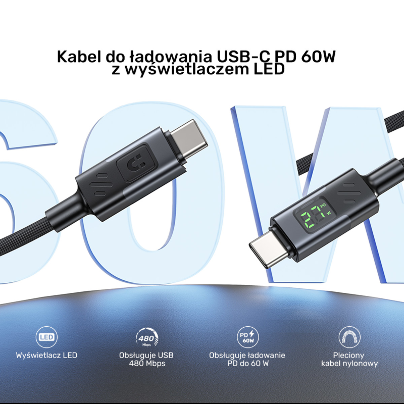 Unitek Przewód USB-C PD 60W 480Mbps z wyświetlaczem 3m z... | PartsPC.pl