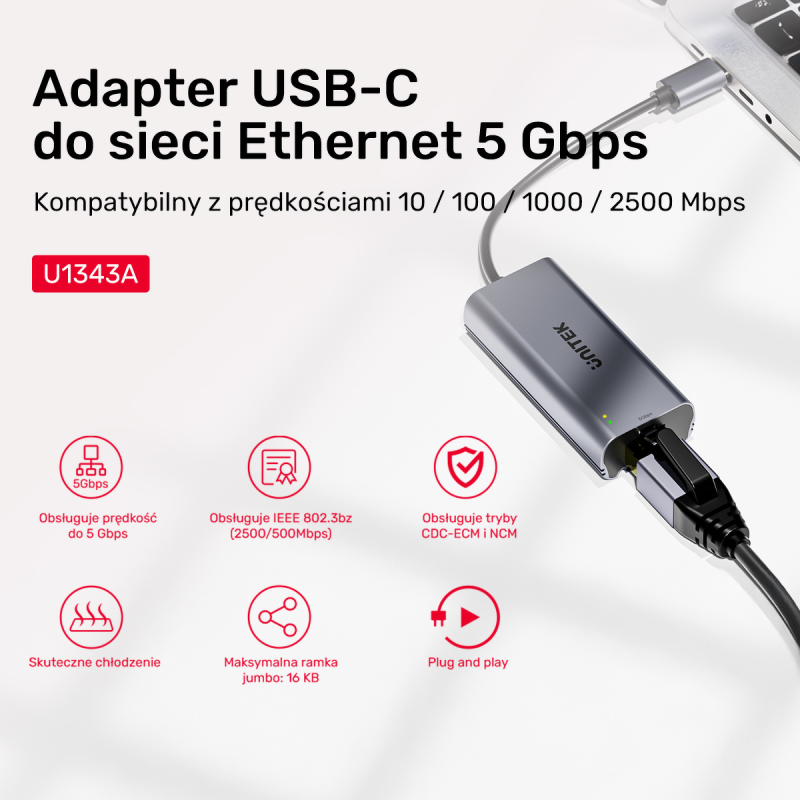 Unitek Adapter USB-C do RJ45 5Gbps | PartsPC.pl