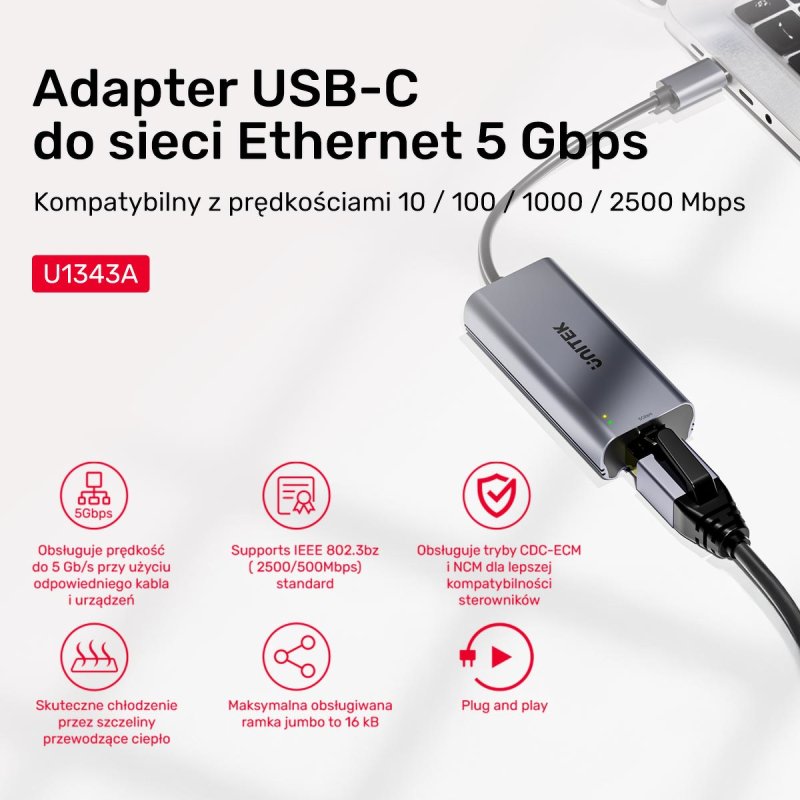 Unitek Adapter USB-C do RJ45 5Gbps | PartsPC.pl