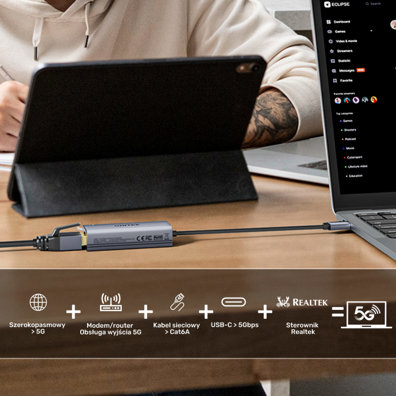 Unitek Adapter USB-C do RJ45 5Gbps | PartsPC.pl