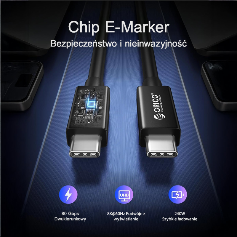 Orico Przewód Thunderbolt 5 USB-C 80Gbps, 240W, 8K@60Hz... | PartsPC.pl