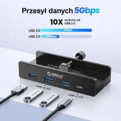 Orico Aktywny hub USB-C 5Gbps, 15W, przykręcany, 3x... | PartsPC.pl