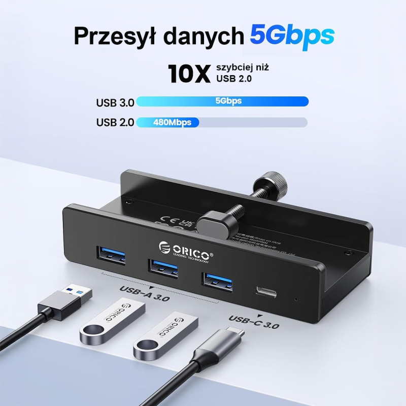 Orico Aktywny hub USB-C 5Gbps, 15W, przykręcany, 3x... | PartsPC.pl