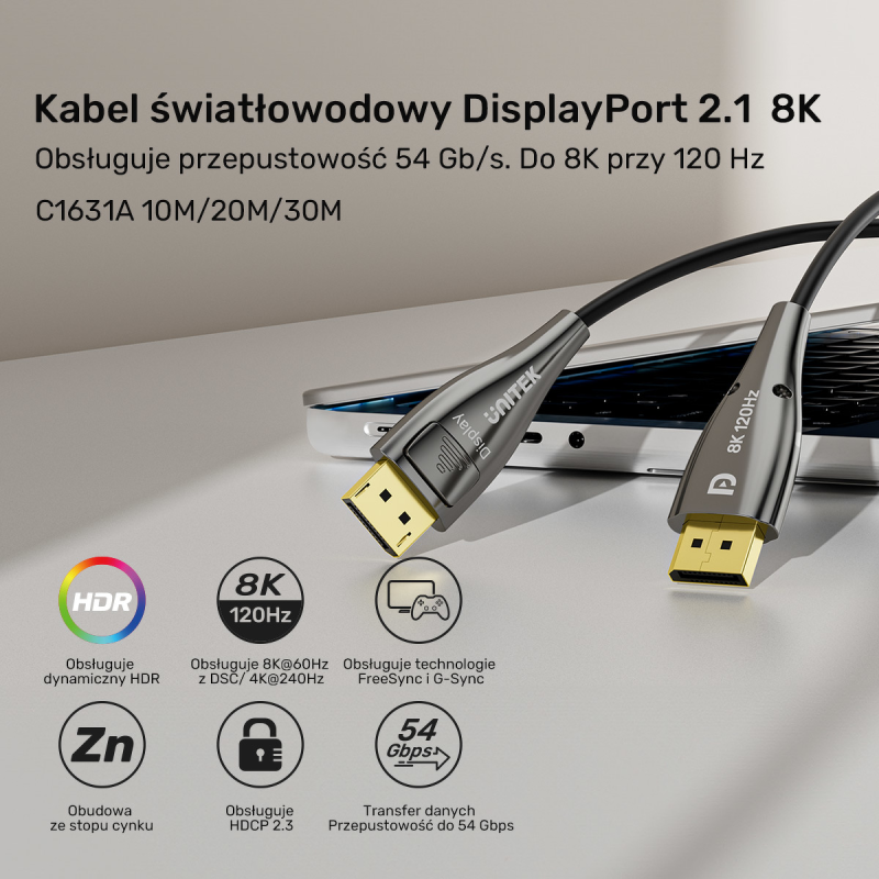 Unitek Kabel światłowodowy 8K Display Port 2.1 30m | PartsPC.pl