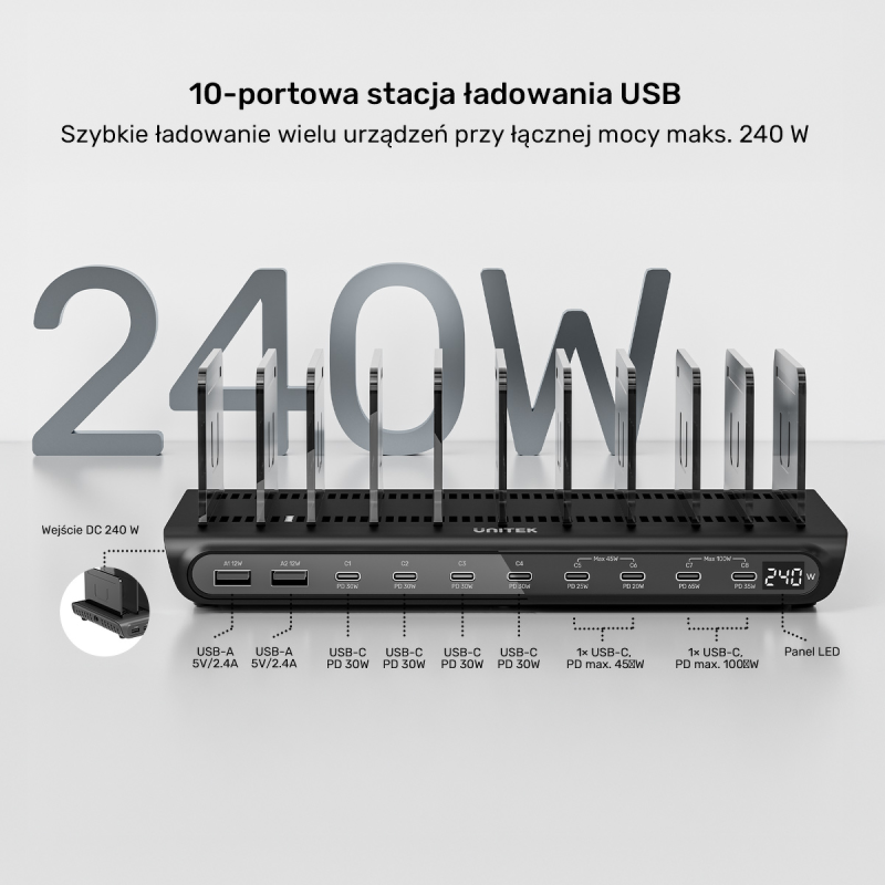 Unitek 10-portowa stacja ładowania USB-C i USB-A 240W | PartsPC.pl