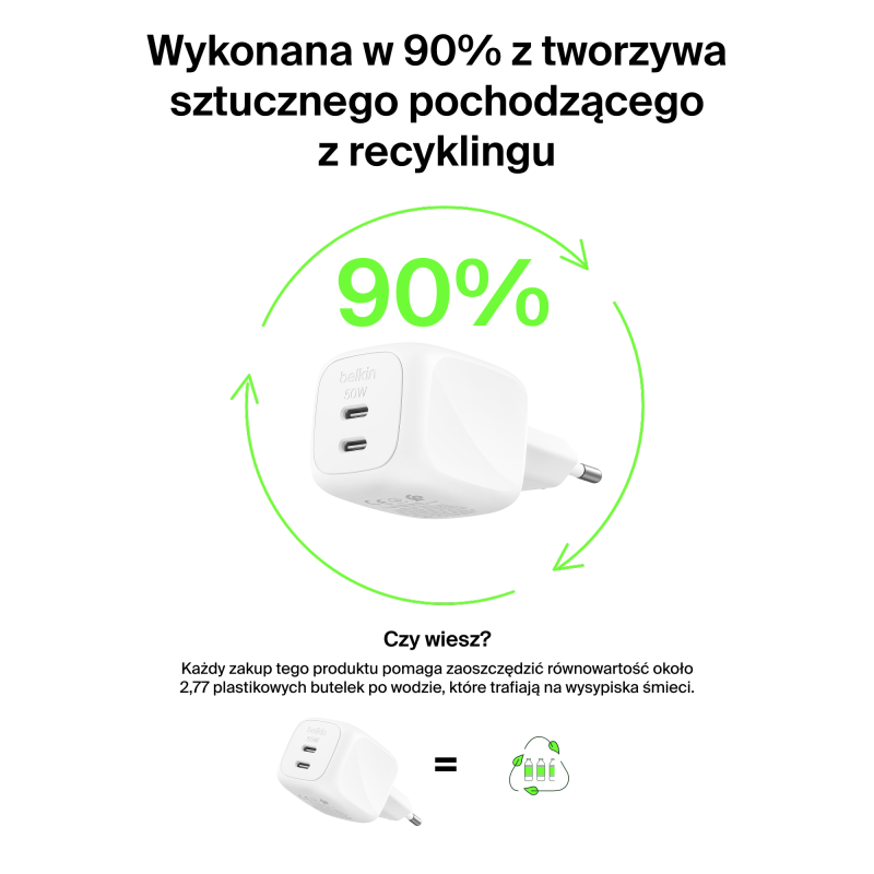 Belkin Ładowarka sieciowa, 2 porty USB-C, 50W, kabel... | PartsPC.pl