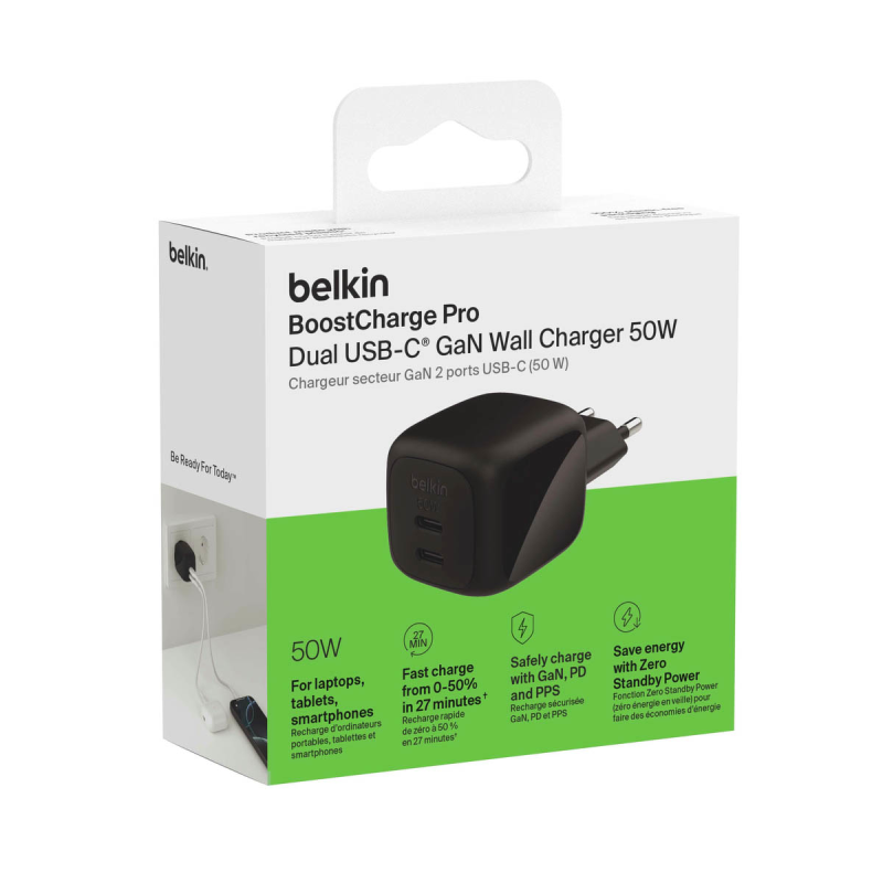 Belkin Ładowarka sieciowa, 2 porty USB-C, 50W, czarna | PartsPC.pl