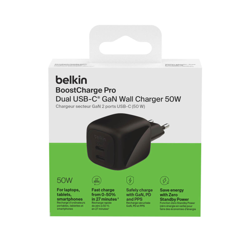 Belkin Ładowarka sieciowa, 2 porty USB-C, 50W, czarna | PartsPC.pl