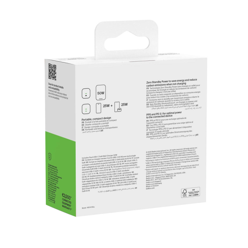 Belkin Ładowarka sieciowa, 2 porty USB-C, 50W, czarna | PartsPC.pl