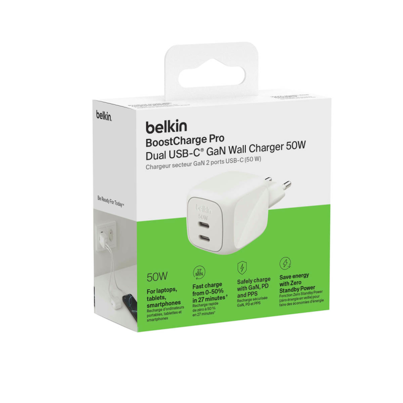Belkin Ładowarka sieciowa, 2 porty USB-C, 50W, biała | PartsPC.pl