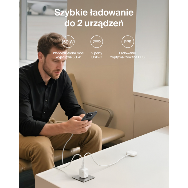 Belkin Ładowarka sieciowa, 2 porty USB-C, 50W, biała | PartsPC.pl