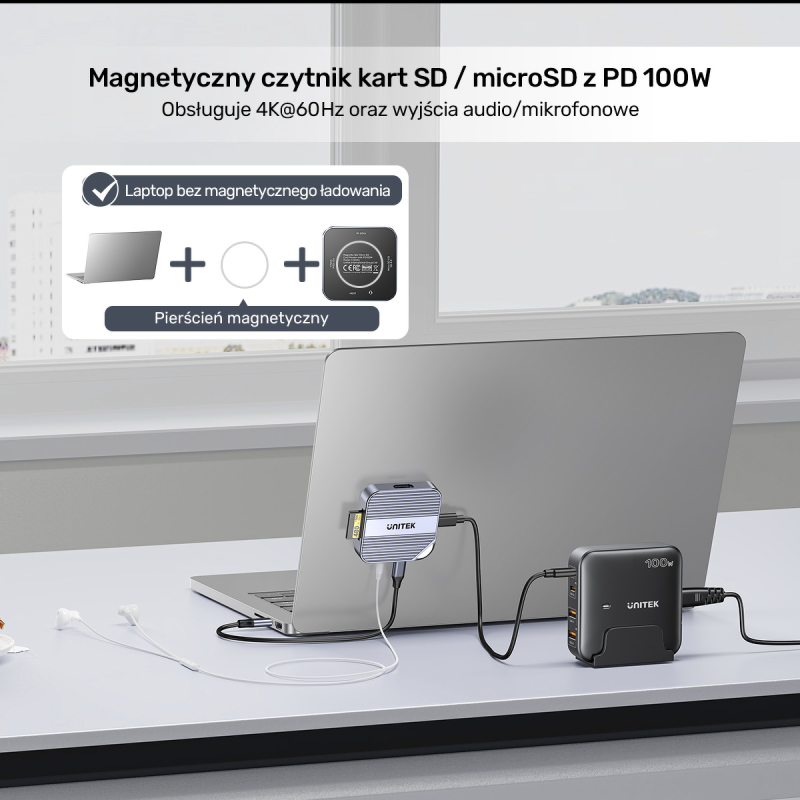 Unitek Magnetyczny czytnik kart SD/Micro SD 6w1 | PD100W... | PartsPC.pl