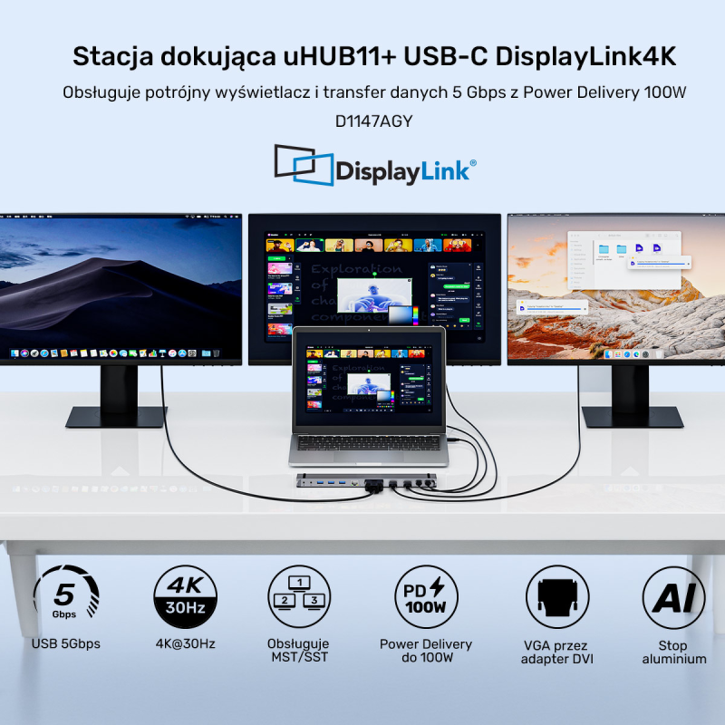 Unitek Stacja dokująca USB-C z DisplayLink 4K | 4K@30Hz... | PartsPC.pl