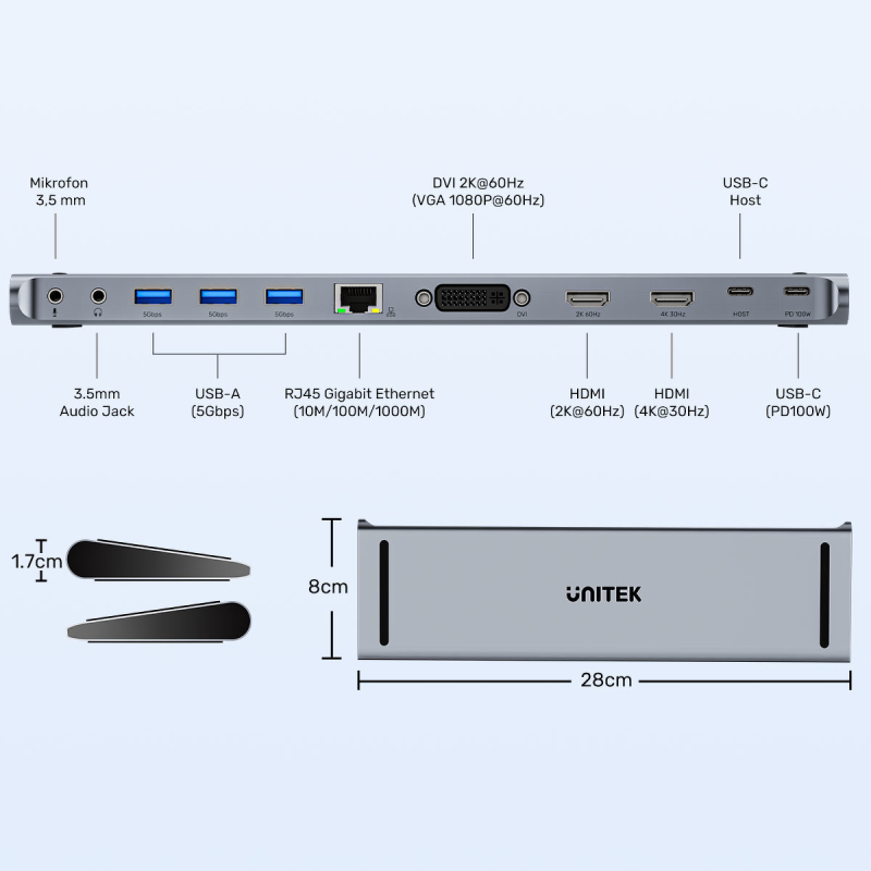 Unitek Stacja dokująca USB-C z DisplayLink 4K | 4K@30Hz... | PartsPC.pl