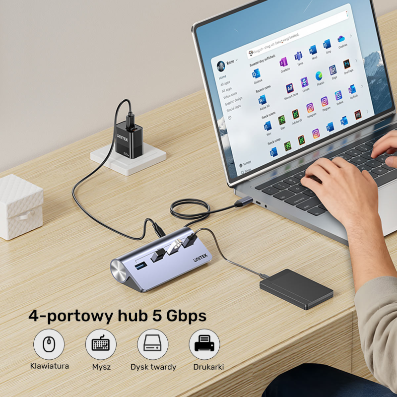 Unitek Ergonomiczny hub USB-C | 4x USB-A | 5Gbps | PartsPC.pl