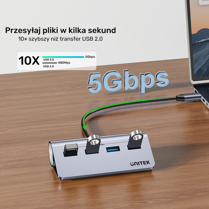 Unitek Ergonomiczny hub USB-C | 4x USB-A | 5Gbps | PartsPC.pl