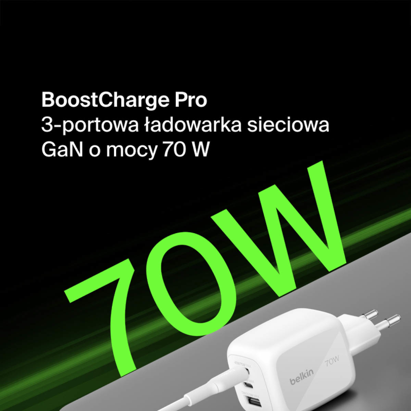 Belkin Ładowarka 70W GaN, 2x USB-C, USB-A, podróżna (EU... | PartsPC.pl
