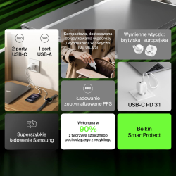 Belkin Ładowarka 70W GaN, 2x USB-C, USB-A, podróżna (EU... | PartsPC.pl