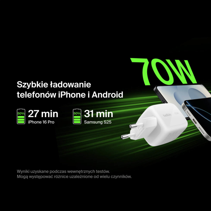 Belkin Ładowarka 70W GaN, 2x USB-C, USB-A, podróżna (EU... | PartsPC.pl