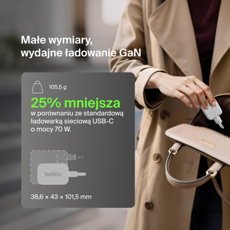 Belkin Ładowarka 70W GaN, 2x USB-C, USB-A, podróżna (EU... | PartsPC.pl