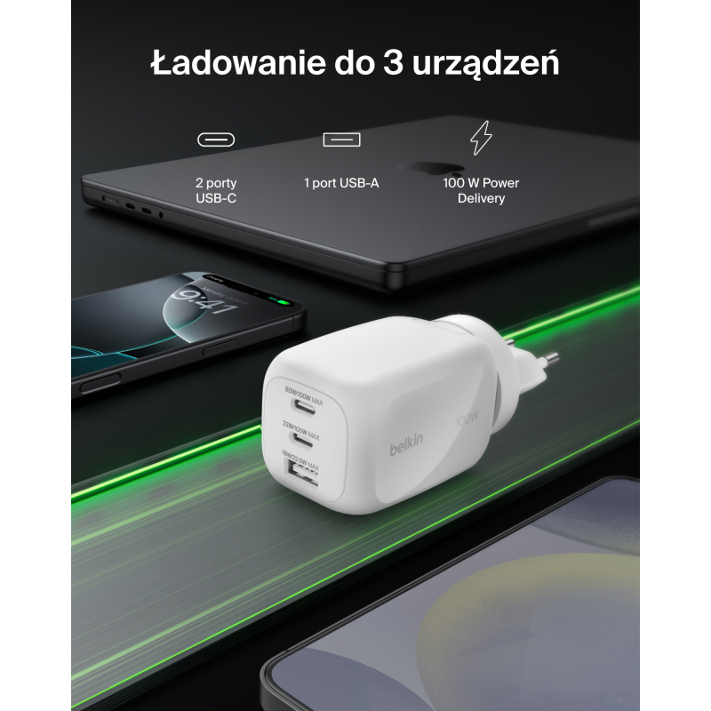 Belkin Ładowarka 100W GaN, 2x USB-C, USB-A, podróżna... | PartsPC.pl