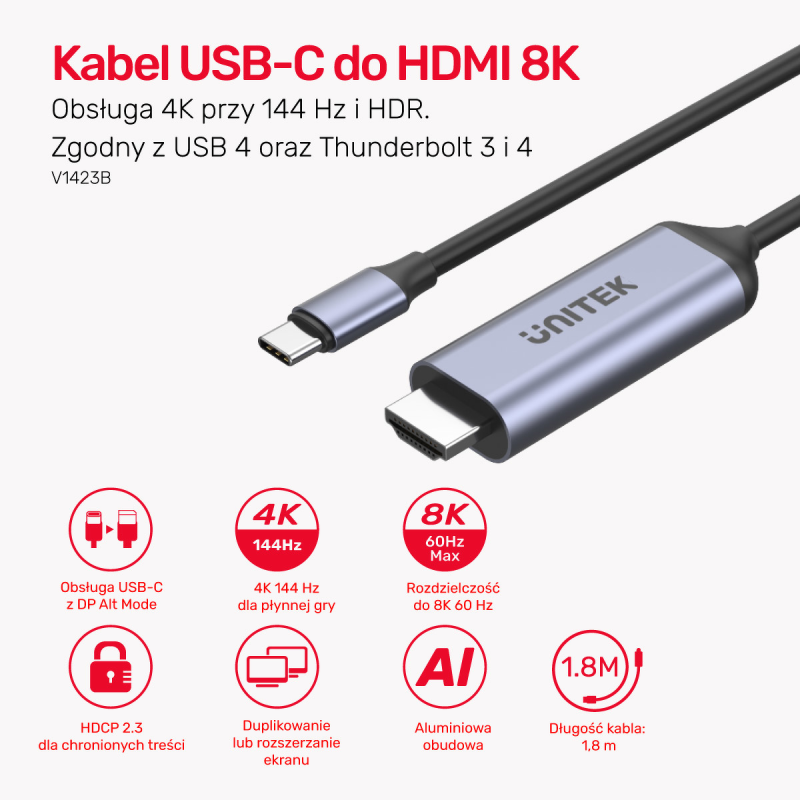 Unitek Kabel USB-C do HDMI 8K | USB 4 | HDR10+ | HDCP... | PartsPC.pl