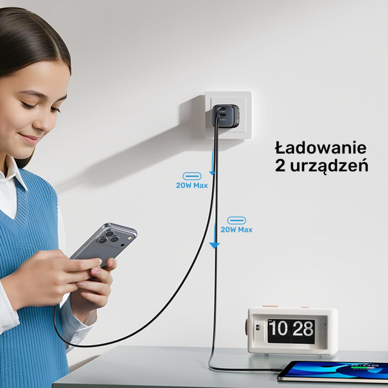Unitek Ładowarka sieciowa 2-portowa GaN 45W, 2xUSB-C, PD... | PartsPC.pl