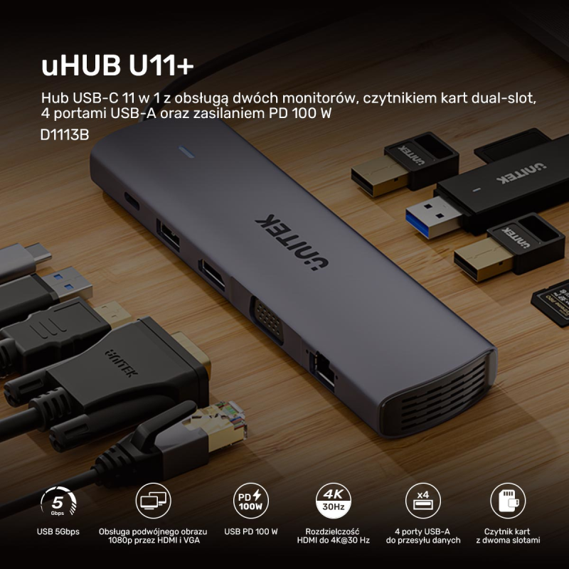 Unitek Hub USB-C 11w1 z obsługą dwóch monitorów |... | PartsPC.pl